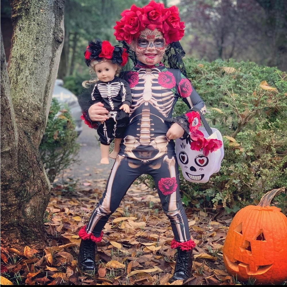 Day of the dead children costume- jumpsuit, headband, bag and bracelets size 5